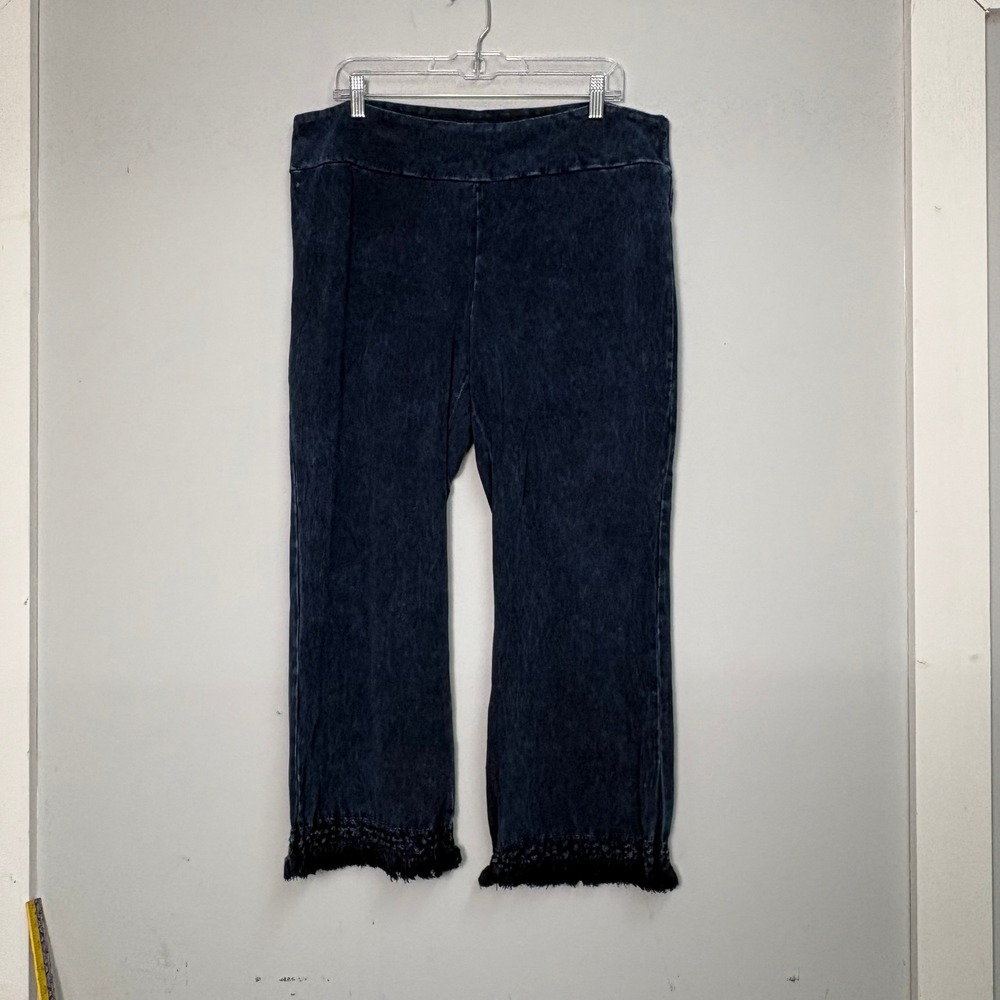 Chatoyant Navy Blue Acid Wash Wide Leg Crop Pants Crochet Fringe Hem Plus 3XL